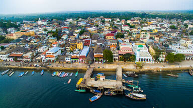 Aerial view of Lamu waterfront showing the vibrant community and sustainable tourism development